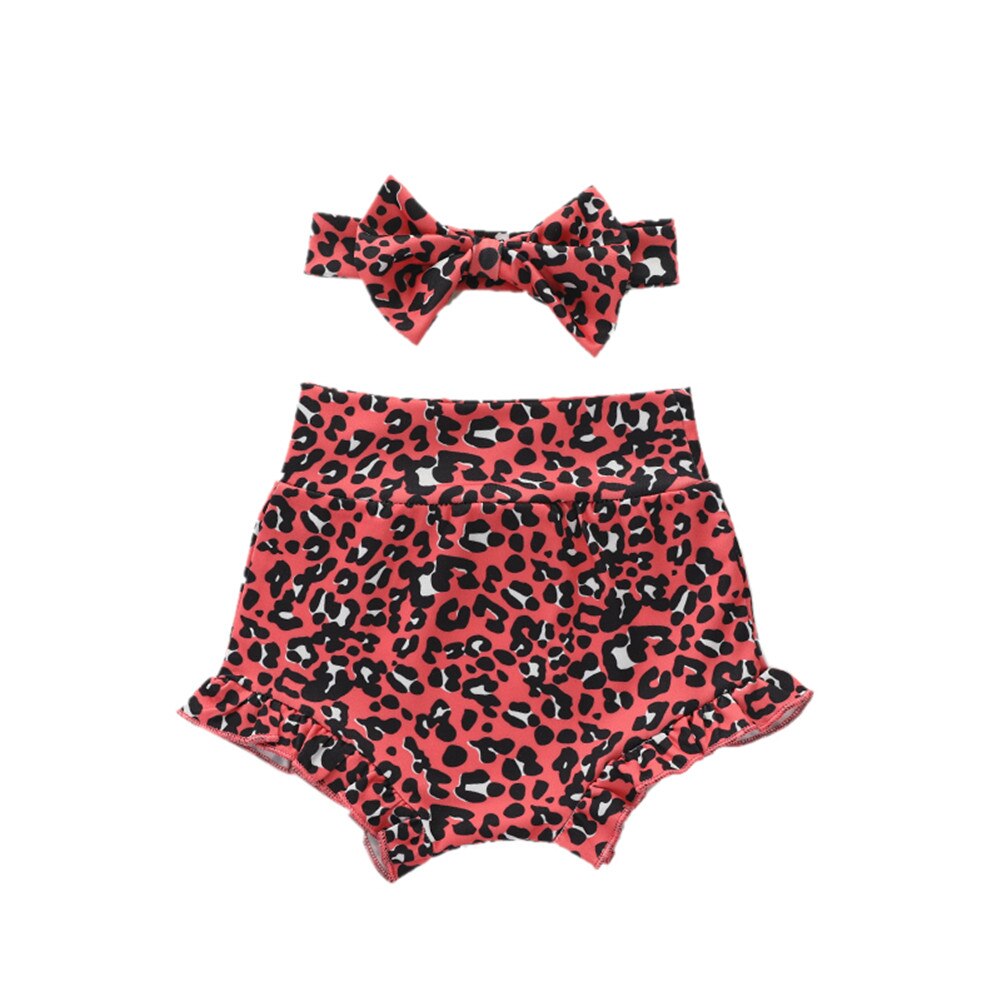 Sommer 2 stk sæt outfit småbørn baby piger drenge leopard blomsterprint flæsede korte bukser+sløjfe pandebånd 0-18m: -en / 9m