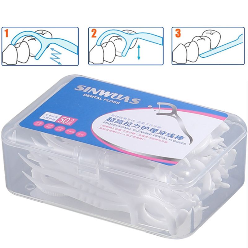 Palillo de hilo Dental superfino desechable, limpiador de dientes en forma de arco, herramienta de higiene bucal con estuche portátil, 50 unids/caja