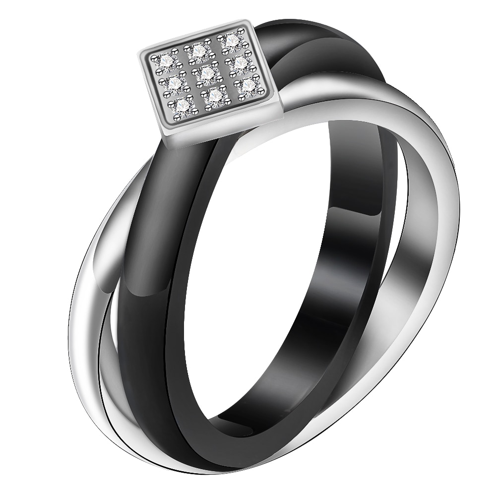 Klassieke Zwarte Witte Kleur Dubbele Cirkel Ring Keramische Rvs Crystal Ringen Voor Vrouwen Lady Crystal Sieraden