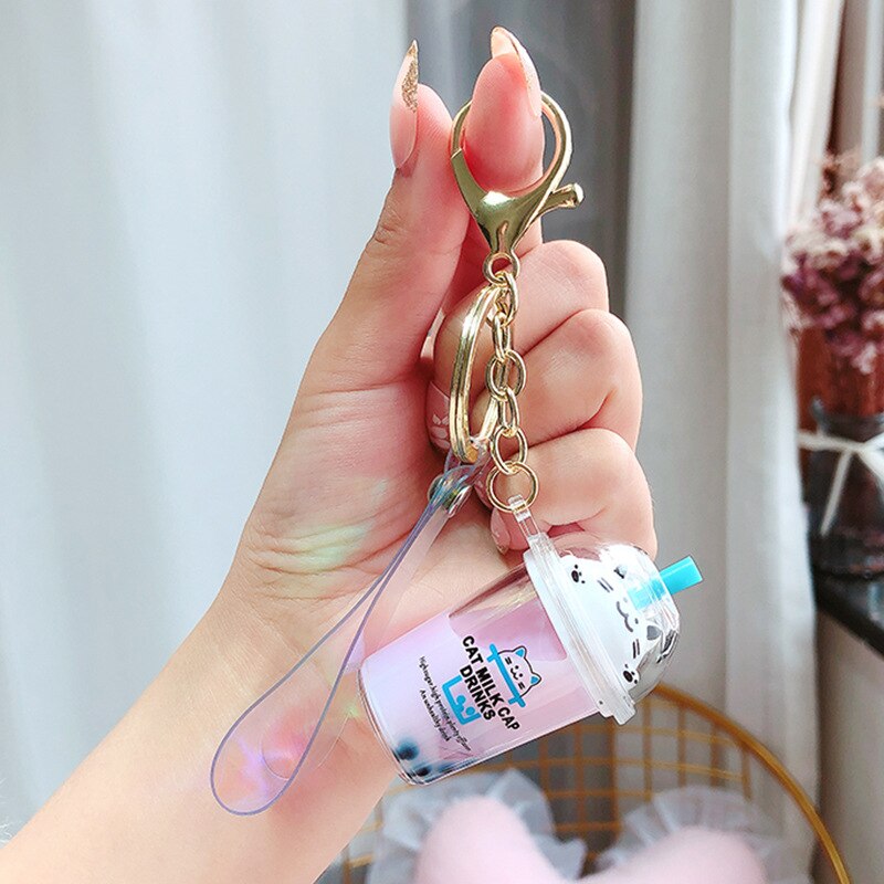 Neue Karikatur Nette Katze Auto Keychain Kreative Milch Tee Tasse Flüssigkeit Kristall Treibsand Pailletten Schlüssel Ring Tasche Anhänger für Frauen tasche Schlüssel C: LILA