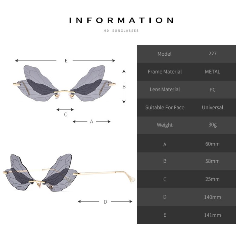 Gafas tipo mariposa sin montura para hombre y mujer, anteojos de sol femeninos con de libélula, de color rosa, con protección UV400, a la