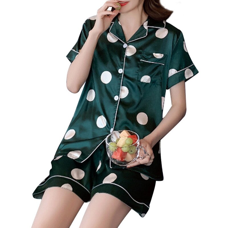 Women Summer Comfortable Lapel Button Short Sleeve Shorts Pajamas Suit Two Piece Home Suit: C / M