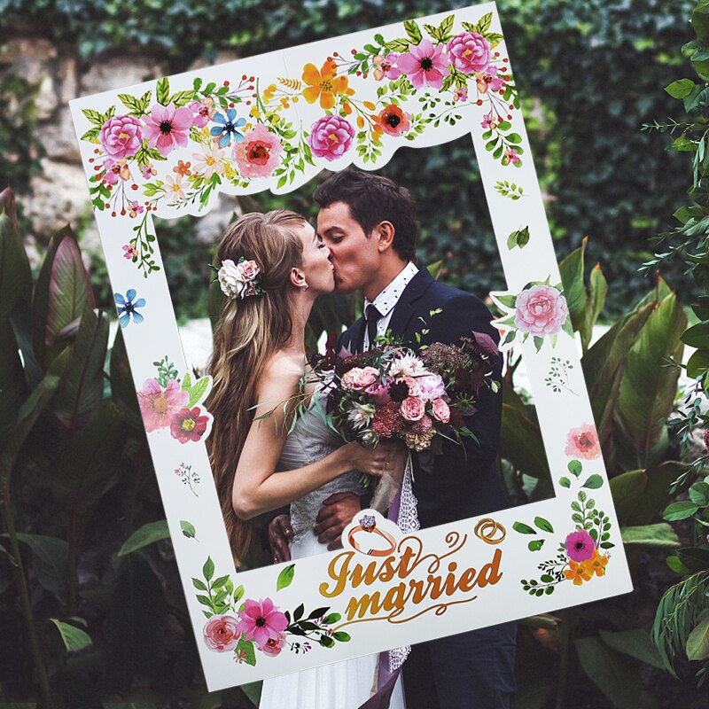 Lige gift bryllup fotoboks rekvisitter ramme bryllupsdag blomstermønster fotobooth baggrund brude brusebad festindretning forsyninger