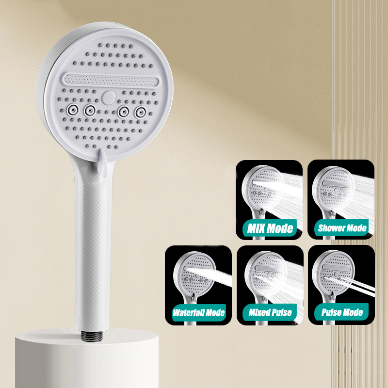 Cabezal de ducha ajustable de 5 modos, cabezal de ducha ahorrador de agua para baño con Base de manguera, accesorios de baño con patrón de fibra de carbono: Blanco