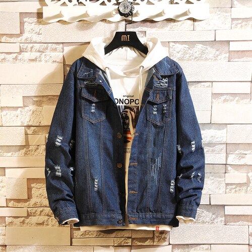 Men Jacket 2020 Spring and Autumn New Fashion Casual Hole-solid Color Slim Denim Jackets Men: dark blue / Xxxl