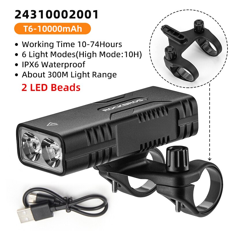 ROCKBROS-Luz LED 2T6 para bicicleta, linterna frontal de 10W y 10000 mAh, equipo de ciclismo de montaña, superbrillante: 24310002001