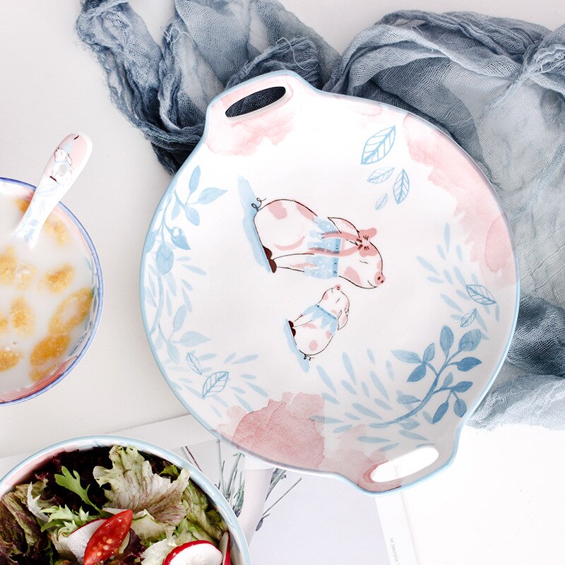 Criativo dos desenhos animados bonito prato de café da manhã cerâmica pratos de carne porcelana sobremesa prato frutas lanche prato simples animal tigela colher