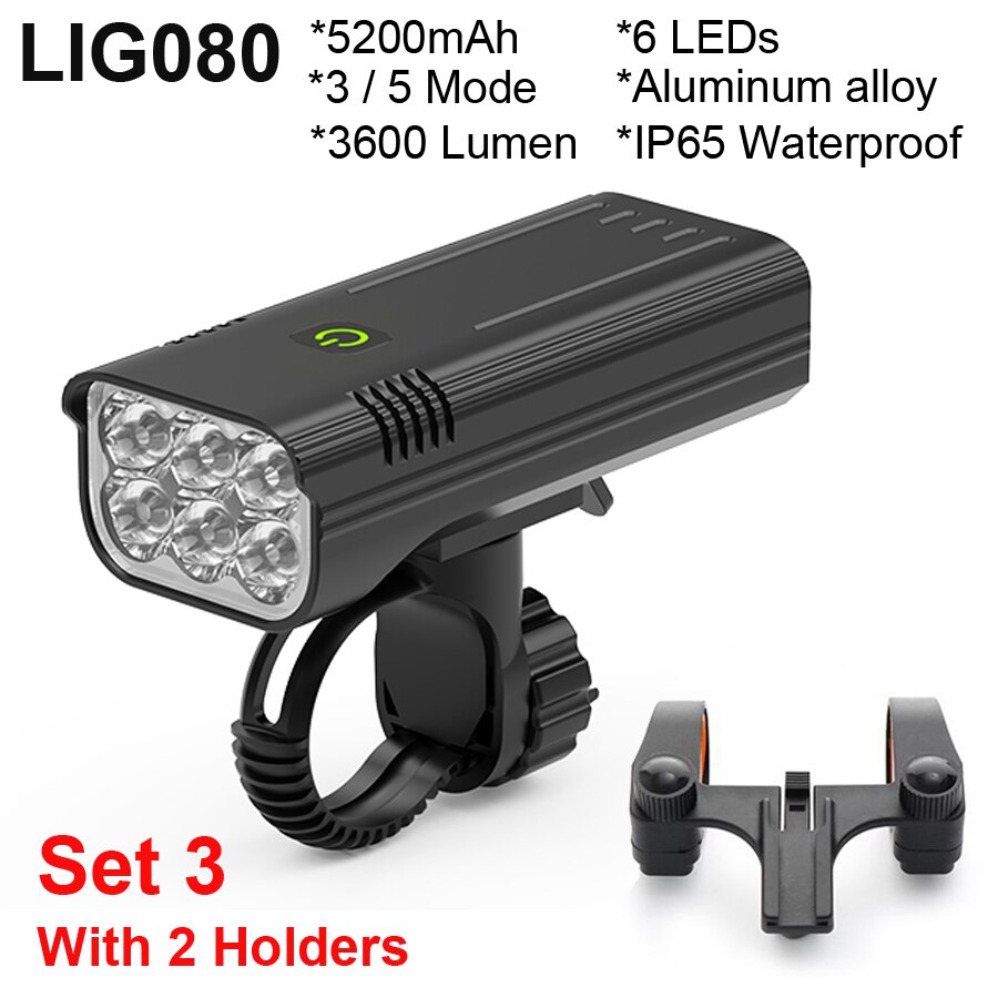 NEWBOLER Luz bicicleta 3600 lúmenes juego de luces de bicicleta MTB a prueba de lluvia recargable por USB con 2 soportes 5200 mAh ciclismo linterna accesorios para bicicleta: LIG080 Set 3