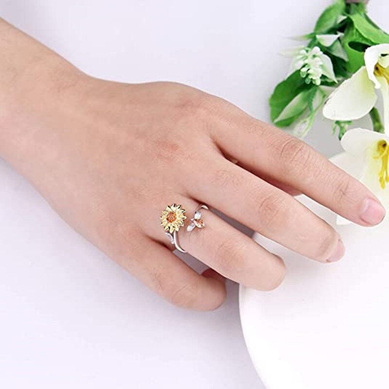 Vinger Spinner Ringen Fidget Angst Ring Voor Vrouwen Zonnebloem Verlichten Angst Ringen Draaien Anti Stress Ring Speelgoed Voor Meisje Vrouwen