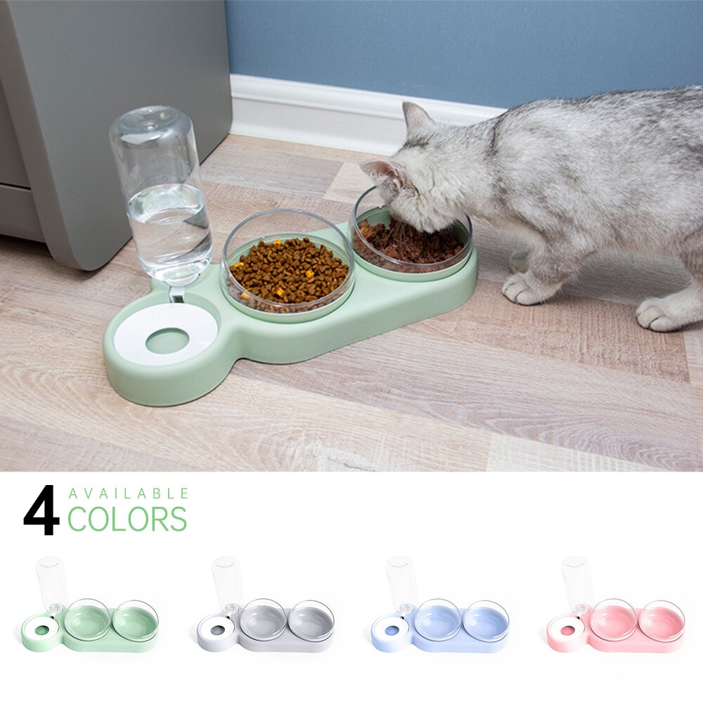 Pet Bowl Cat Double Bowl With Auto Water Dispenser Cat Food Bowls Drinking Raised Stand Dish Bowl