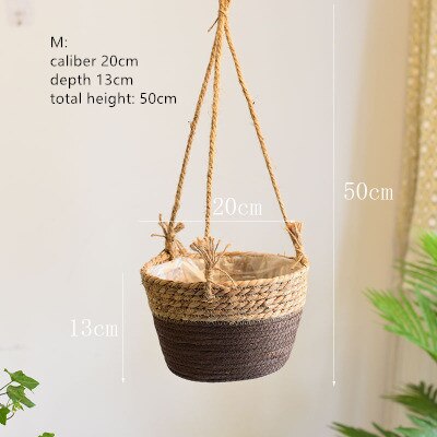 Thuis stro bloempot hangmand hangende orchideeënpot hangpot bloem huisdecoratie bloemenmand bloempot: Bruin m