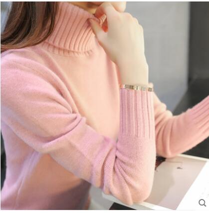 Autumn Winter Women Turtleneck Sweater Pullover Ladies Shirt Slim Casual Tops Warm Clothing Female Knitted Sweater: Jade pink