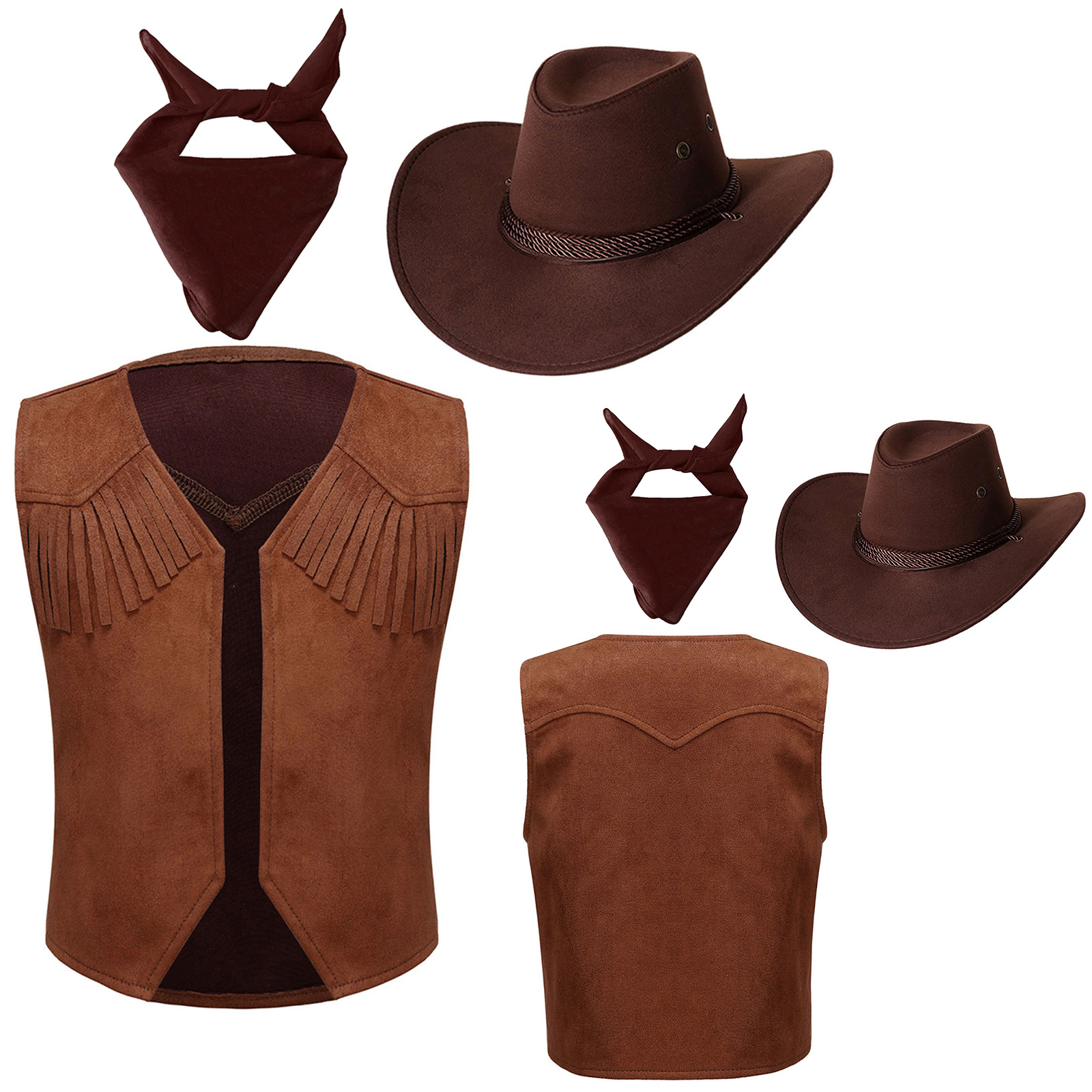 Boys Girls Halloween Western Cowboy Cowgirl Cosplay Performance Costume Retro Fringe Vest Waistcoat with Paisley Bandanna Hat