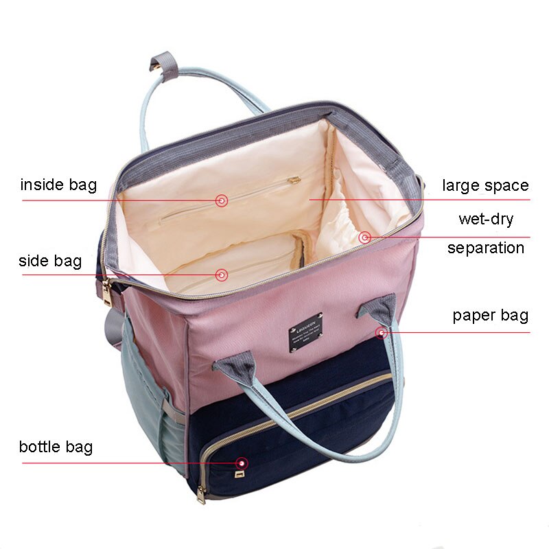 Lequeen-Bolsa de pañales para bebé, mochila de viaje, bolsa de lactancia, portátil, multicolor