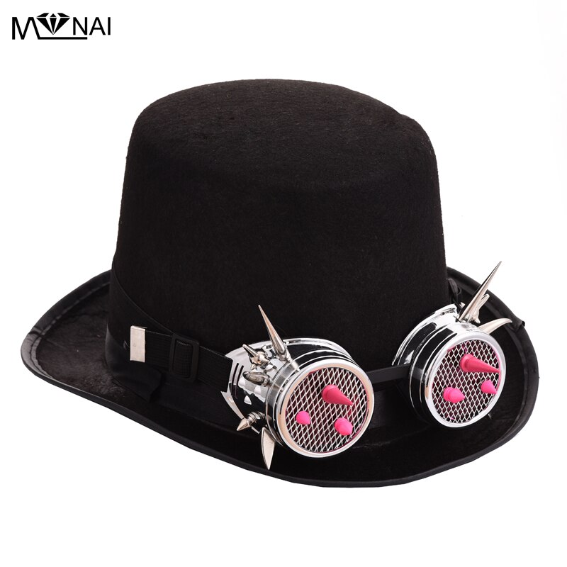 Retro heren/dames steampunk hoed roze bril klinknagels bril gothic vintage hoge hoeden victoriaanse cosplay accessoires