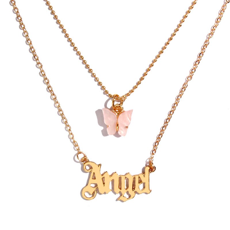 JJFOUCS Double Layer Babygirl Letter Gold Color Pendant Necklace For Women Cute Butterfly Choker Necklace Statement Jewelry: 025611GD