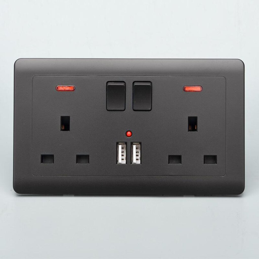 Double Wall UK Plug Socket 2 Gang 13A 2 USB Charger Port Plate Black