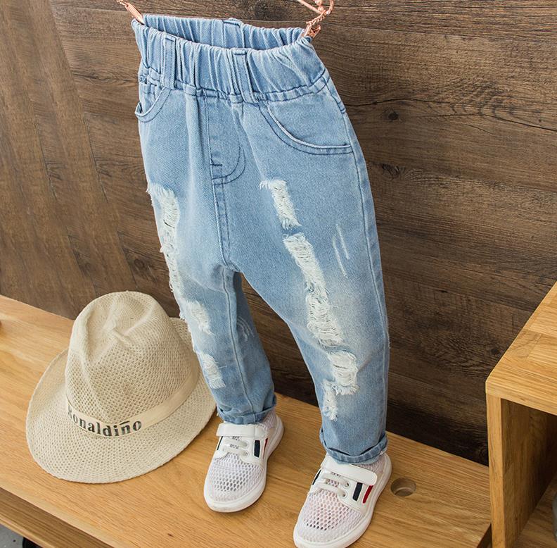 Jeans Kinderen Lente En Herfst Broek Kinderen Ripped Broek Baby Kinderkleding Effen Kleur Mode Broek Mid-taille