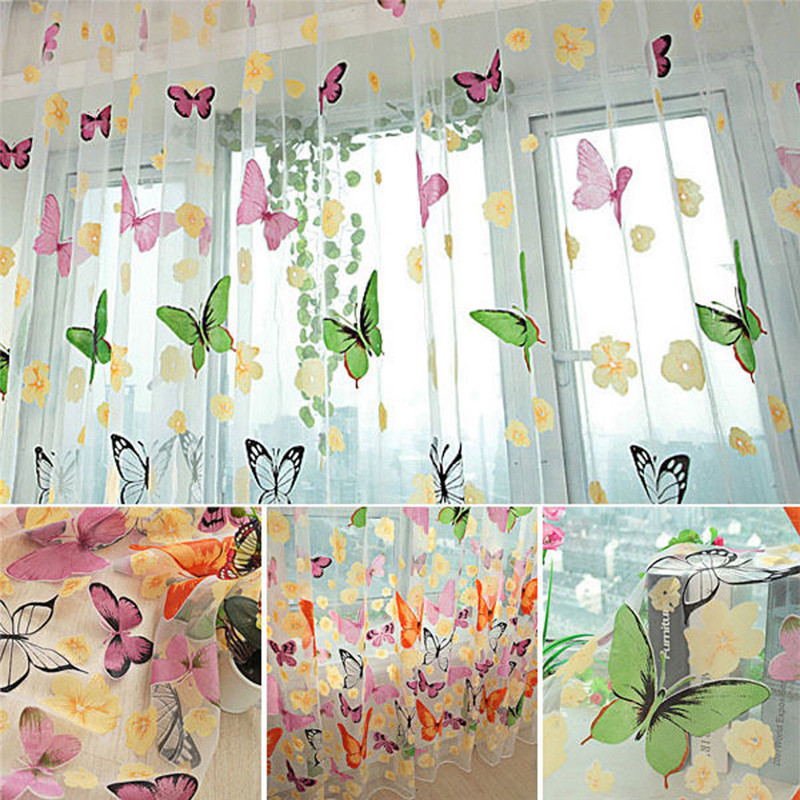 Tulle Butterfly Print Voile Window Curtain For The Living Room Bedroom Sheer Panel Drapes Scarfs Curtain For Home Decor