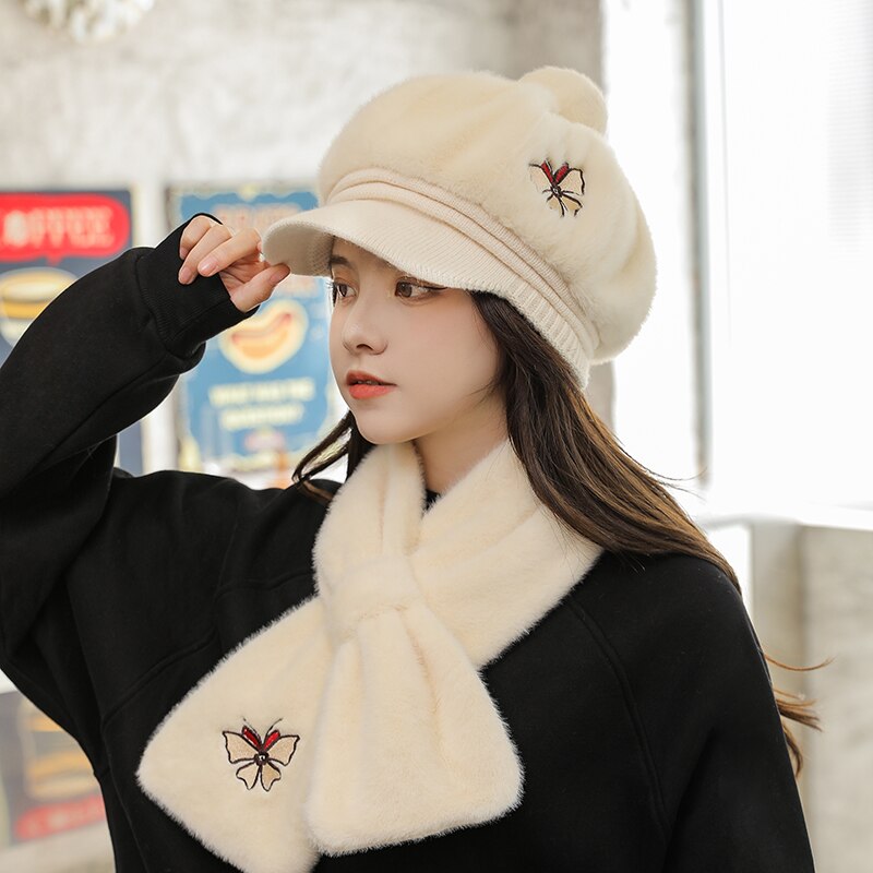 Chapeau octogonal en laine de pour adulte, couvre-chef femme papillon avec couvre-cou, deux pièces, neige, pour l&#39;extérieur, hiver 100%