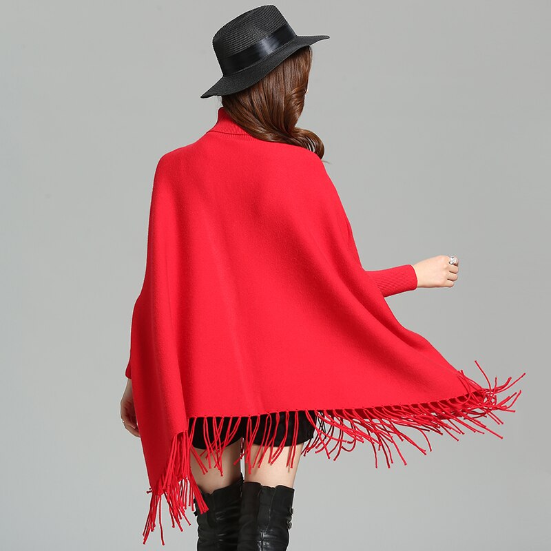 Stil vinter løs sweater sjal rullekrave lange kvaster strikket flagermusærmer sweater
