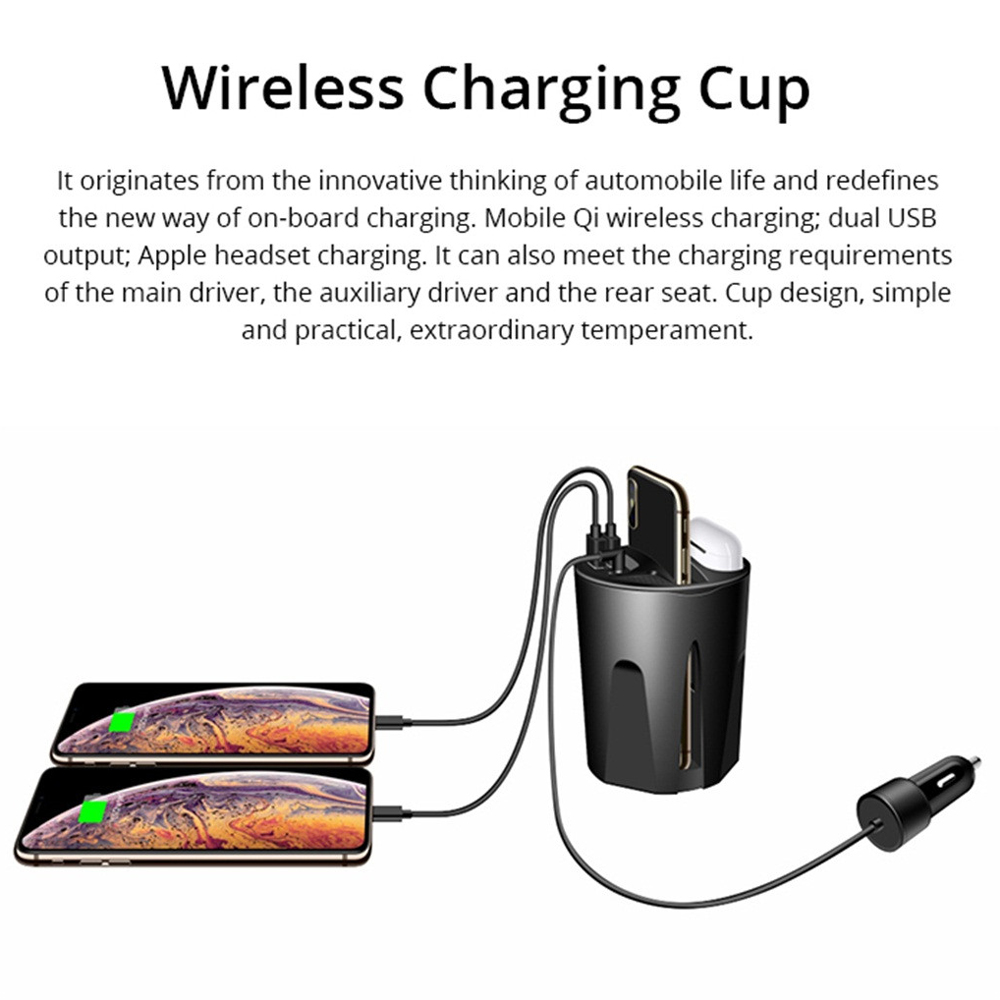Portabicchieri Caricatore Wireless Auto - Ricarica Rapida 10W - Uscita USB - Con Supporto & Indicatore - Per iPhone 12/11/XS/XR