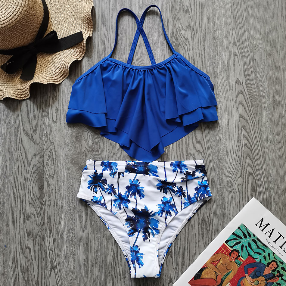 Ruche Meisje Badpak Kids Tropische Palm Meisje Bikini Set Tweedelige Kinderen Badmode 5-12Years Meisje Badpak Beachwear: Blauw / 140