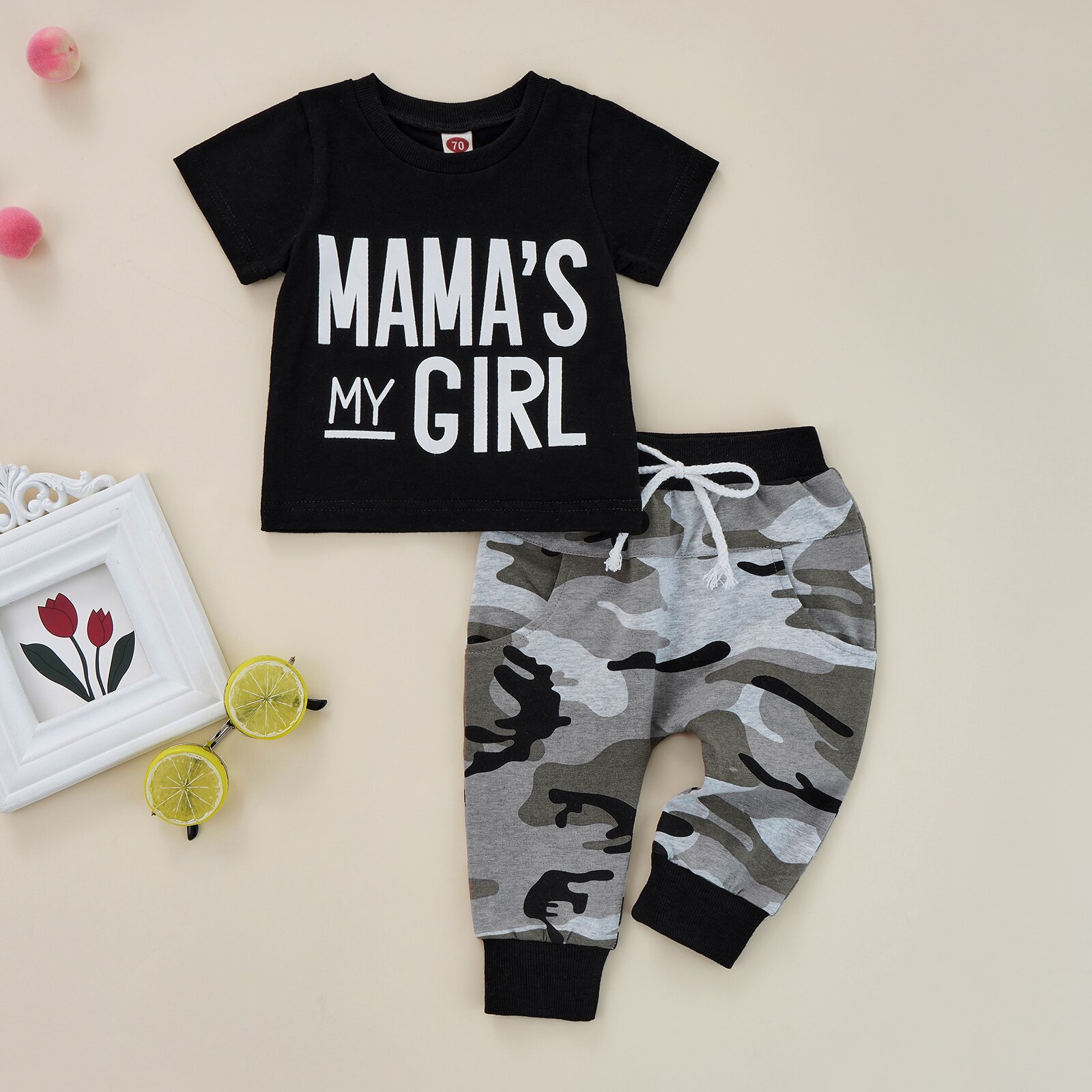 2- teiliges freizeitoutfit für kleine jungen, herbst-einstellen für kleinkinder: kurzarm-oben mit rundhalsausschnitt und buchstabenprint + lange Schlauch Ich bin Tarnung-suchen (3m-3ter- Pack)