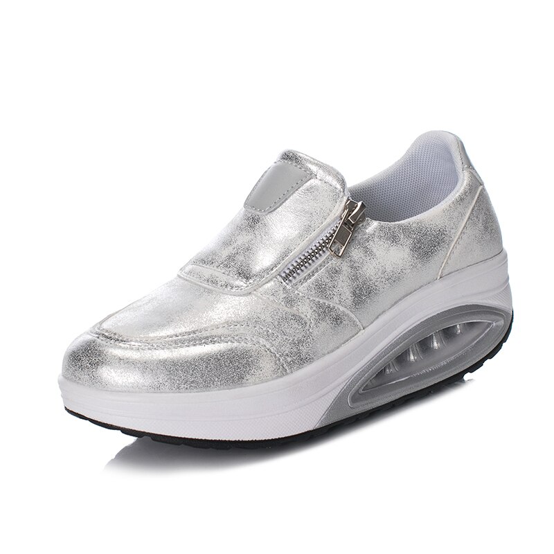 Platform Sneakers Waterproof Thick Bottom Height Increasing Casual Women Rocking Shoes Shock Absorber Outdoor Rocking Shoes: Silver Wedge Shoes / 8.5