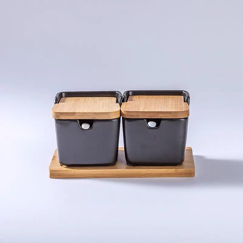 Nordisk minimalistisk keramisk krydderikrukke med bambus låg porcelæn salt opbevaringsboks køkken arrangør krydderier: 2 gryder sort