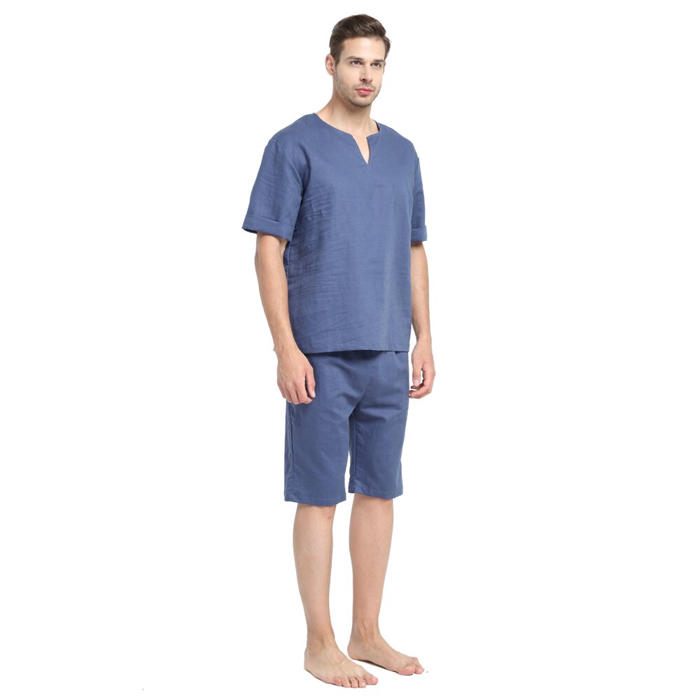 Mænd og tøj unisex ramie og bomuld sumer og forår kort top nattøj hjemmetøj loungewear pyjamas sæt med lange bukser: Blå / L