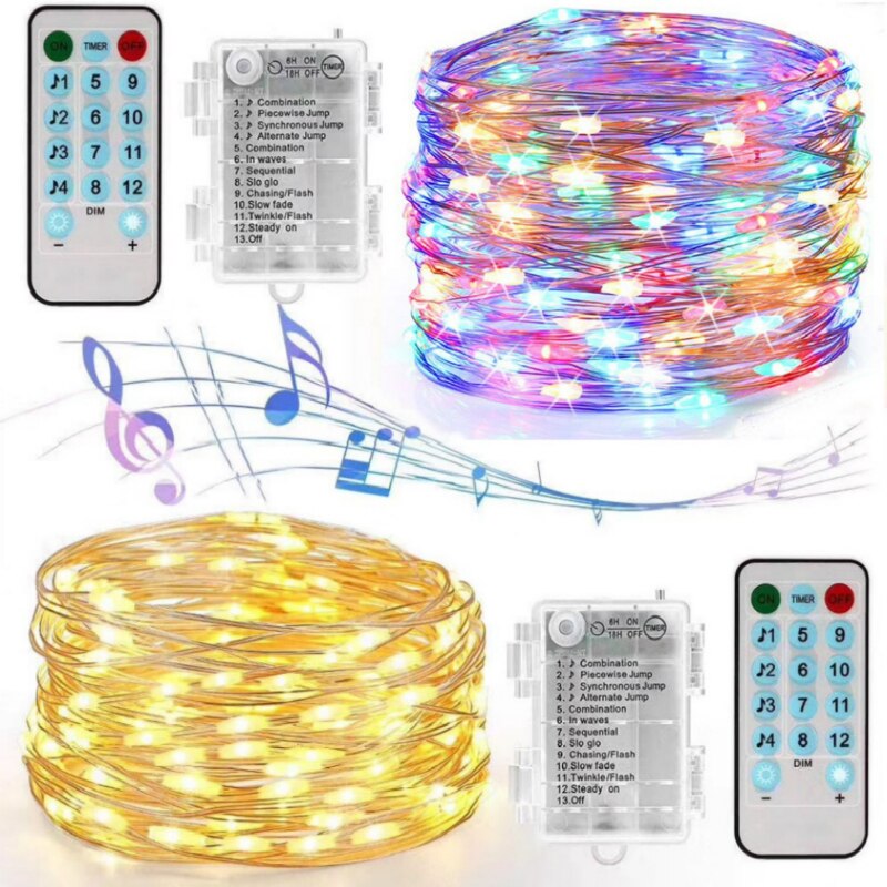 Battery/USB Operated LED Music String Lights Sound Activated 5M 10M Silver Wire Garland Party Wedding Christmas Home Decoration