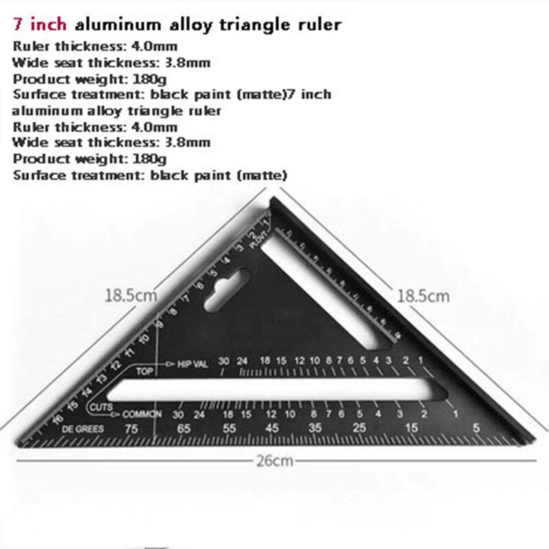 Triangle Ruler Inch Metric System Triangle Plate Carpentry Square Ruler Broad Bottom Thicken 45 90 Degrees Aluminum Alloy CH: Red
