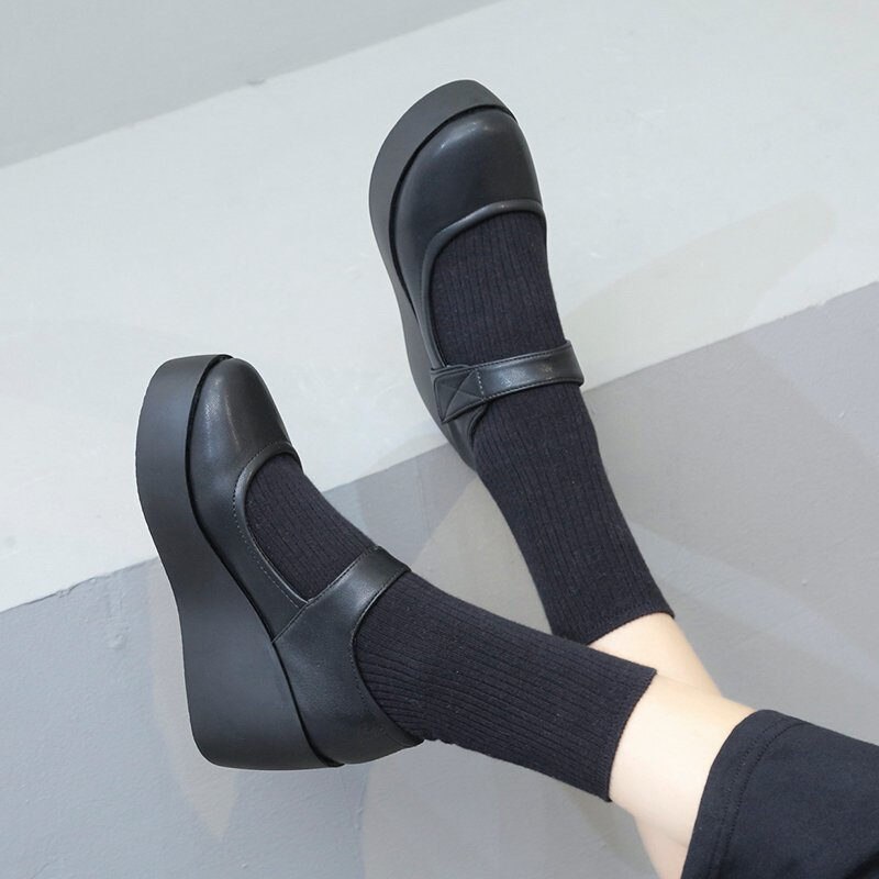 Lolita Shoes platform wedge shoes For Women Black Retro British Style
