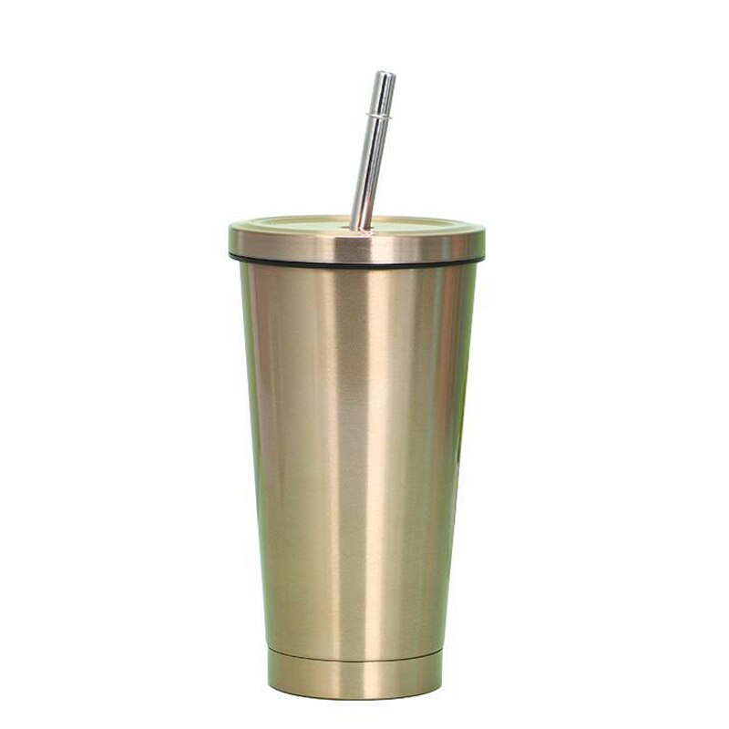 500ml Stainless Steel Coffee Mug With Lid Beer Mugs For Tea Cup Metal Cup Drink Straw Drink Straw Travel Cups for Home: golden