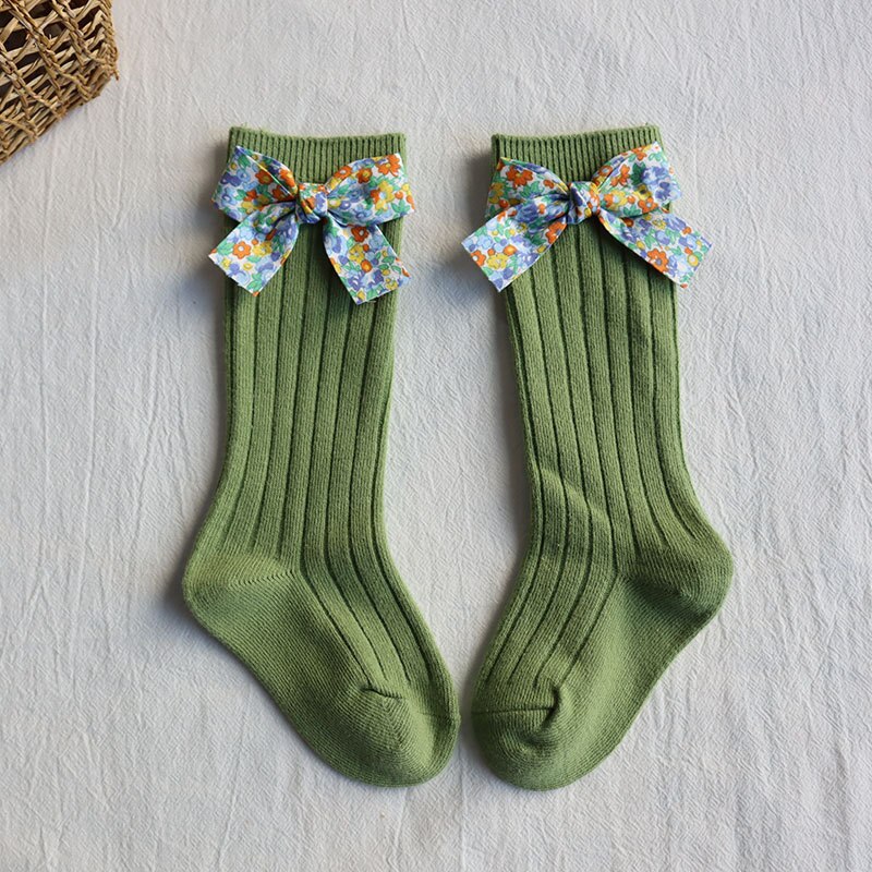 Autumn and Winter Products Soft Children's Socks Striped Floral Bow Socks Plain Medium-Long Stockings Baby Socks: Green
