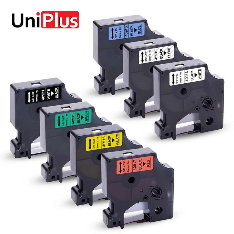 Uniplus 40910 40913 40916 40917 40918 40919 40921 etiketmaskine til dymo  d1 lm260d pnp etiketprinter 9mm blå rød gul tape