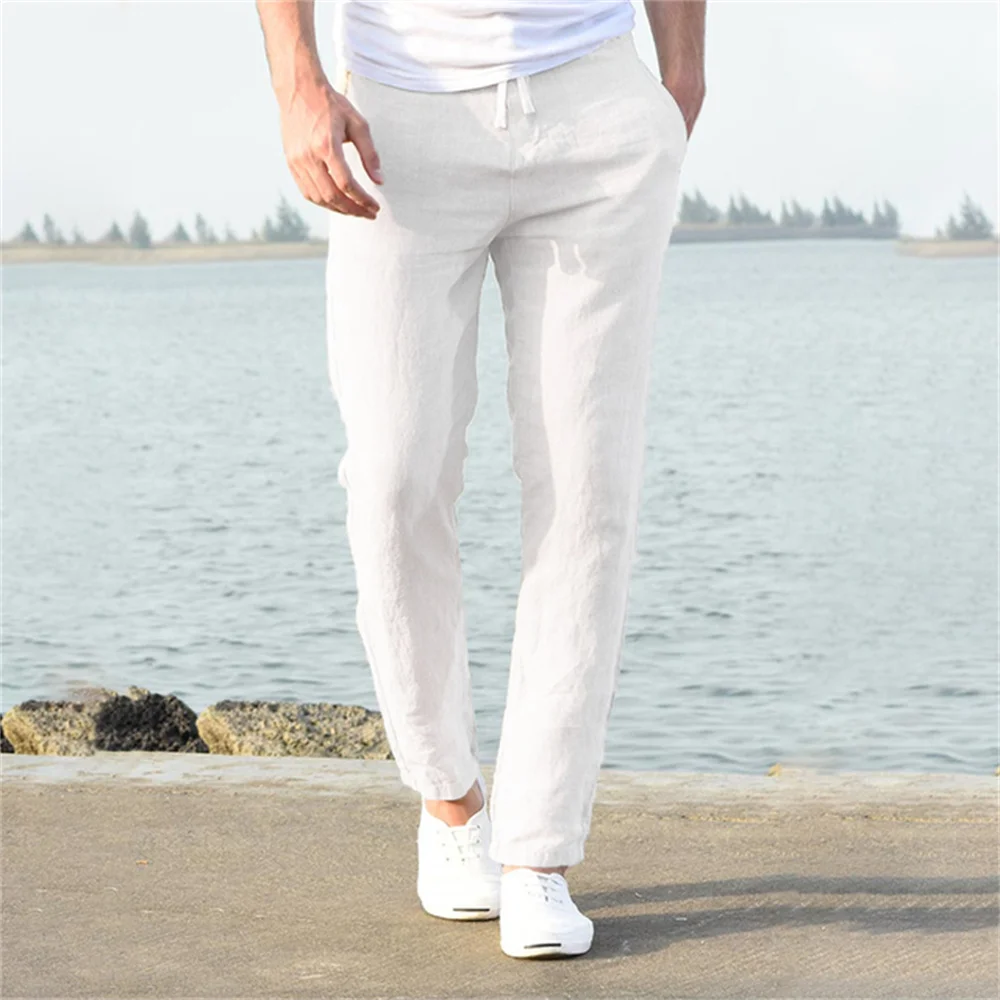 Men's Cotton Linen Pants Male Autumn Breathable Solid Color Linen Trousers Fitness Streetwear S-3XL