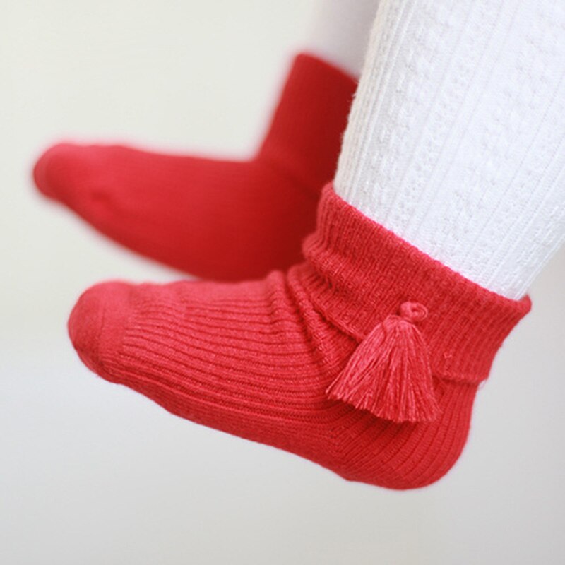 4 Paare/los Komfortable Reiner Baumwolle Neugeborenen Socken Quaste Kinder Mädchen Socken Ankle Sox Rot, grau, gelb, Navy