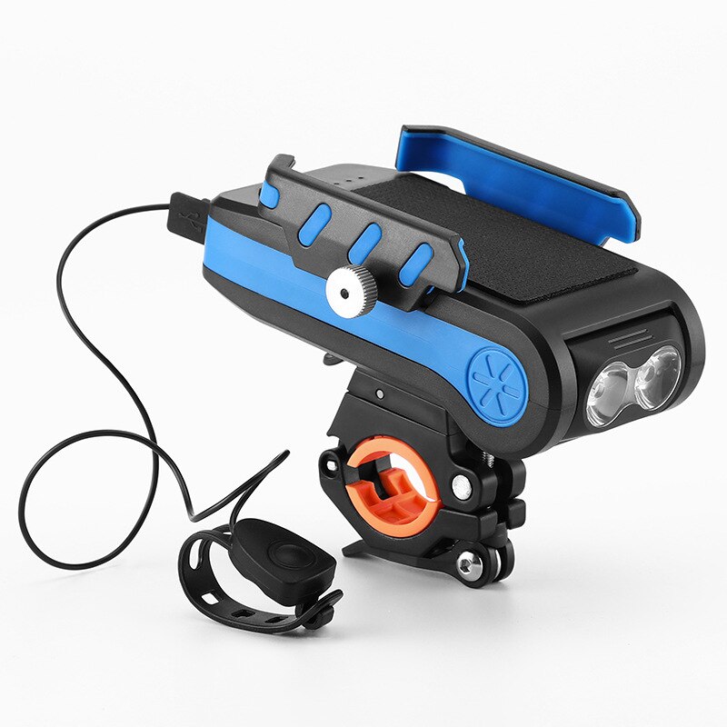Multifunctional Bicycle Headlight4000mAH Mobile Phone Rack Holder 2x T6 LED 550LM Alarm Bell Horn MTB Mountain Bike Front Flashl: blue2400