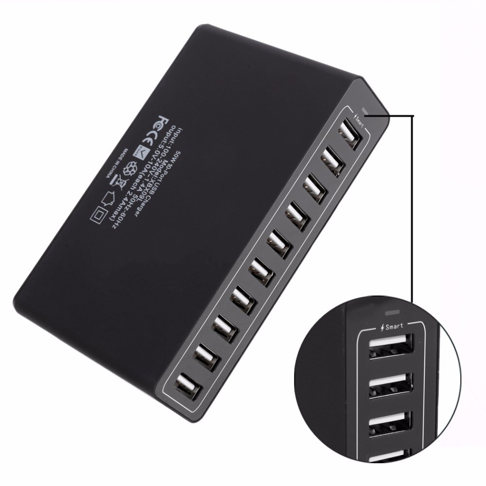 Multi-usb-ladegerät mit 10 anschlüssen, tragbar, multifunktional, universell, mit netzkabel und stecker für us, au, eu und uk.
