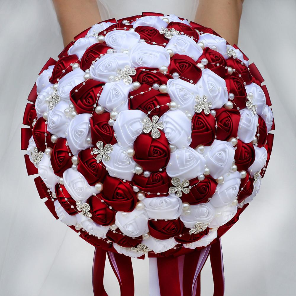 JaneVini-Ramos de boda grandes de 30CM, flores rojas oscuras, nupciales, lujosos, perlas de cristal, cuentas de diamantes de imitación, rosa de novia: Dark Red and White