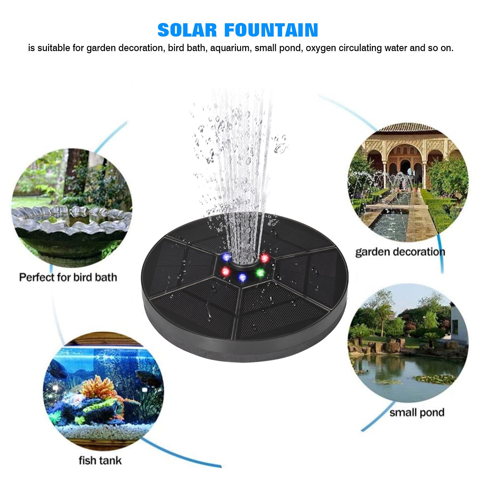 thumbnail image 2 of 1W Solar Bird Bath Fountain With 6 Nozzles Solar Powered Floating Fountain Pump For Bird Bath Garden Pond Pool Fish Tank Outdoor 2 of 11