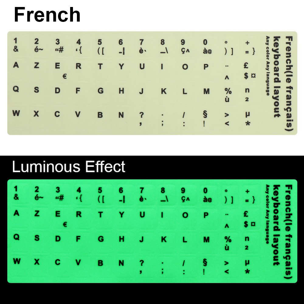 Luminous Keyboard Stickers Spanish/English/Russian/Arabic/French Language Letter Protective Film Alphabet Button Layout: French