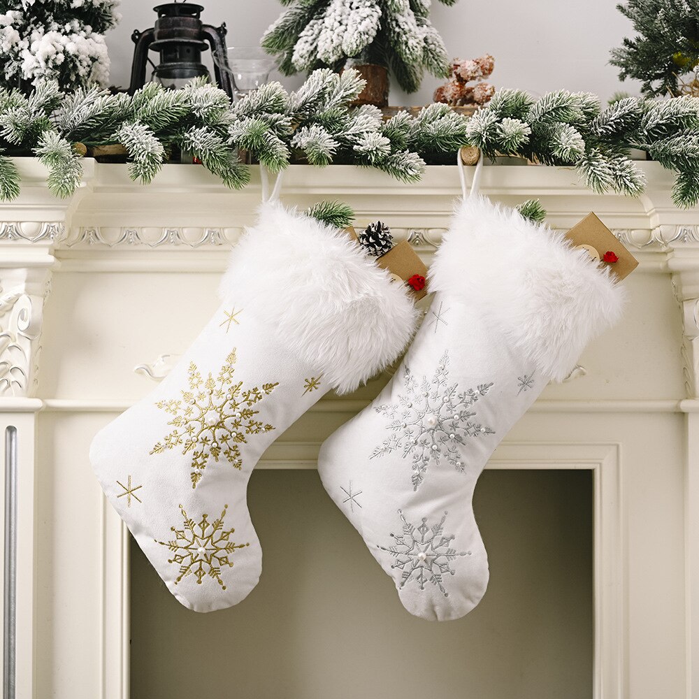 Mærke flannel perle snefnug julestrømper plys store julesokker slik sokker juletræspynt