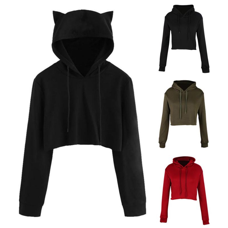Outdoor Sports Women\\\'s Breathable Crop Tops Hoodie Long Sleeve Teen Girls Cute Cat Ear Pullover !
