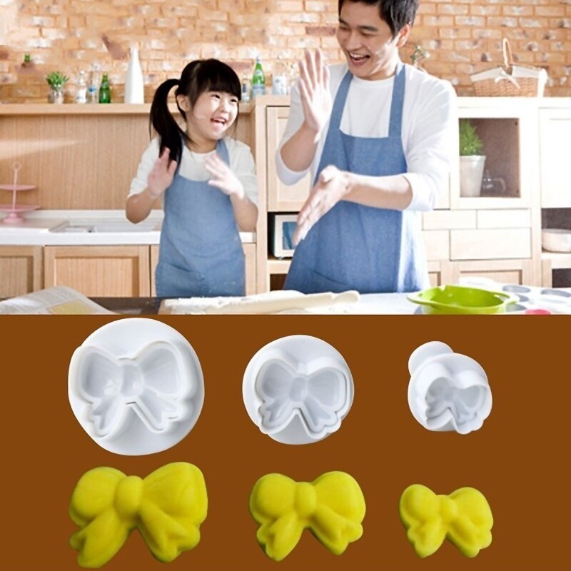 3Pcs/set Bow Plunger Sugar DIY Cake Cookies Decorating Fondant Icing Bow Shape Cutter Tools