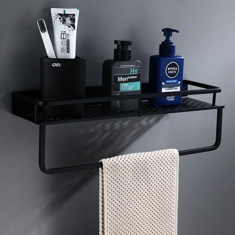 Badeværelseshylde med håndklædetang vægmonteret aluminium badekar bruser hylde sort bad shampoo holder kurv holder hjørne hylde
