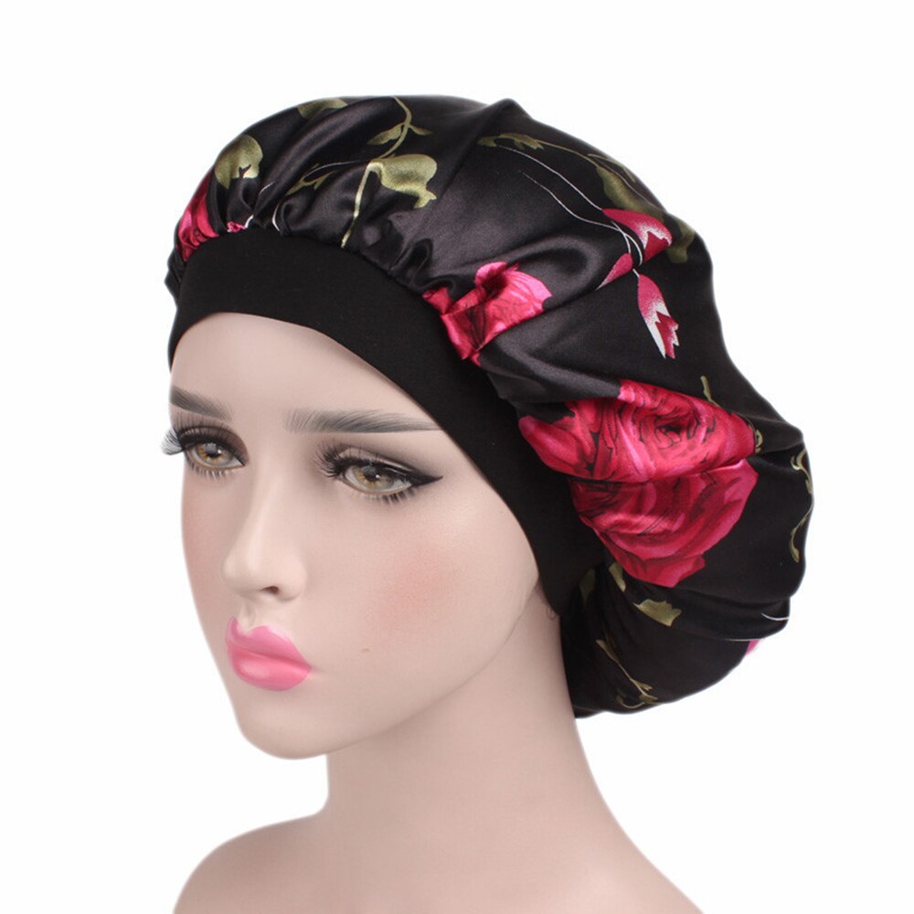 58 Cm Mode Vrouwen Satijn Nachtrust Cap Haar Motorkap Hoed Douche Caps Zijde Head Cover Brede Elastische Band: black flower