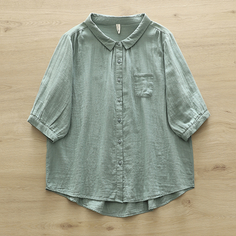 Neue Frühling Baumwolle Garn solide verlieren Hemd Frauen Revers Kurzarm oben Mädchen retro ol Pendel blusen 2024 Sommer t45449qc: L / Grün